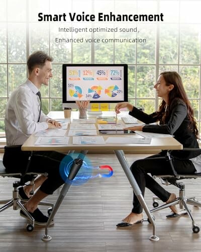 Two professionals discussing at an office table with a screen displaying smart voice enhancement features.